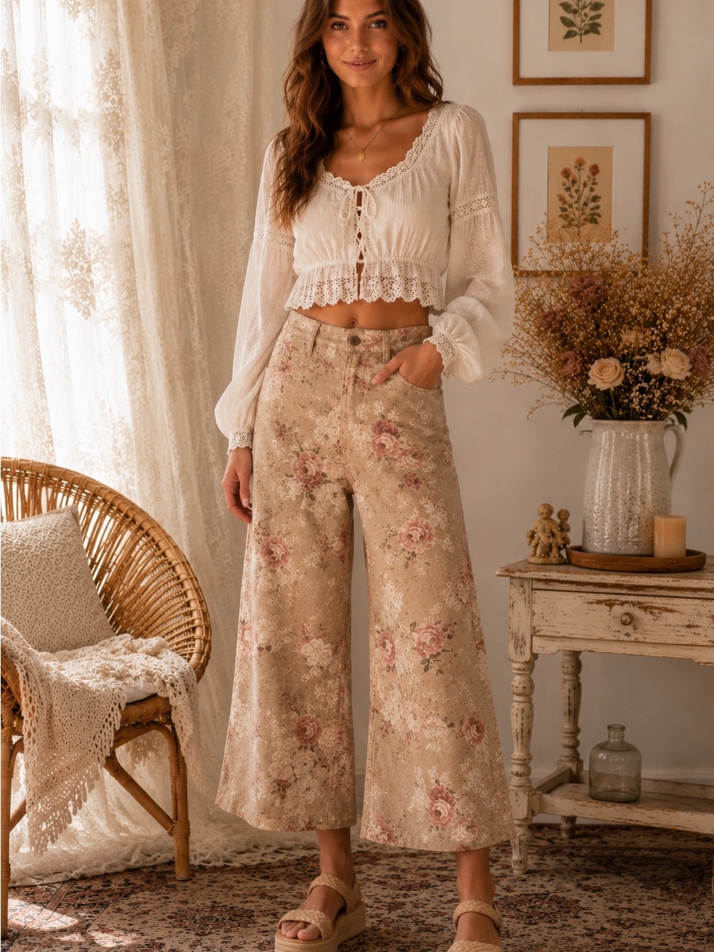 Loveimgs Floral Wide Leg Cropped Jeans M Boho Mid Rise Palazzo Pants Taupe A15